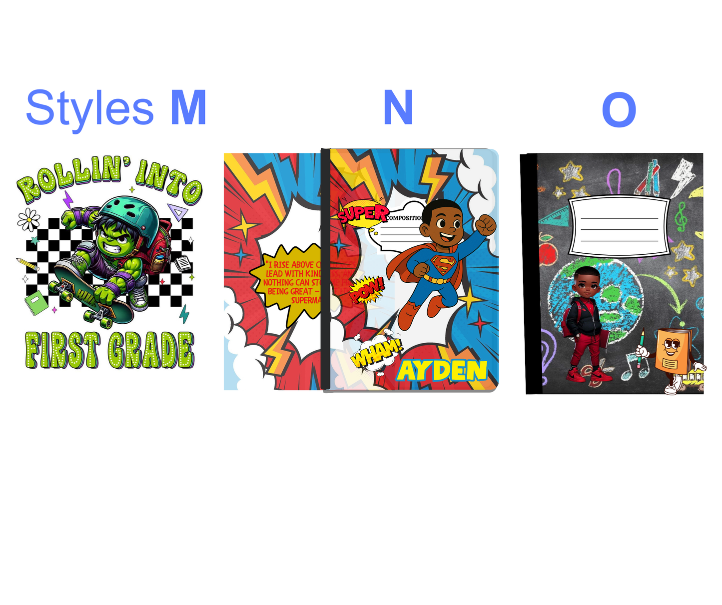 Three colorful children's notebooks with males in different designs on coordinating backgrounds. Styles M, N and O