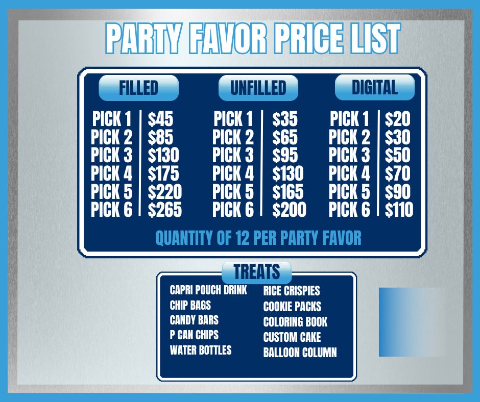 Party favor price list with various options and prices on a blue and silver background
