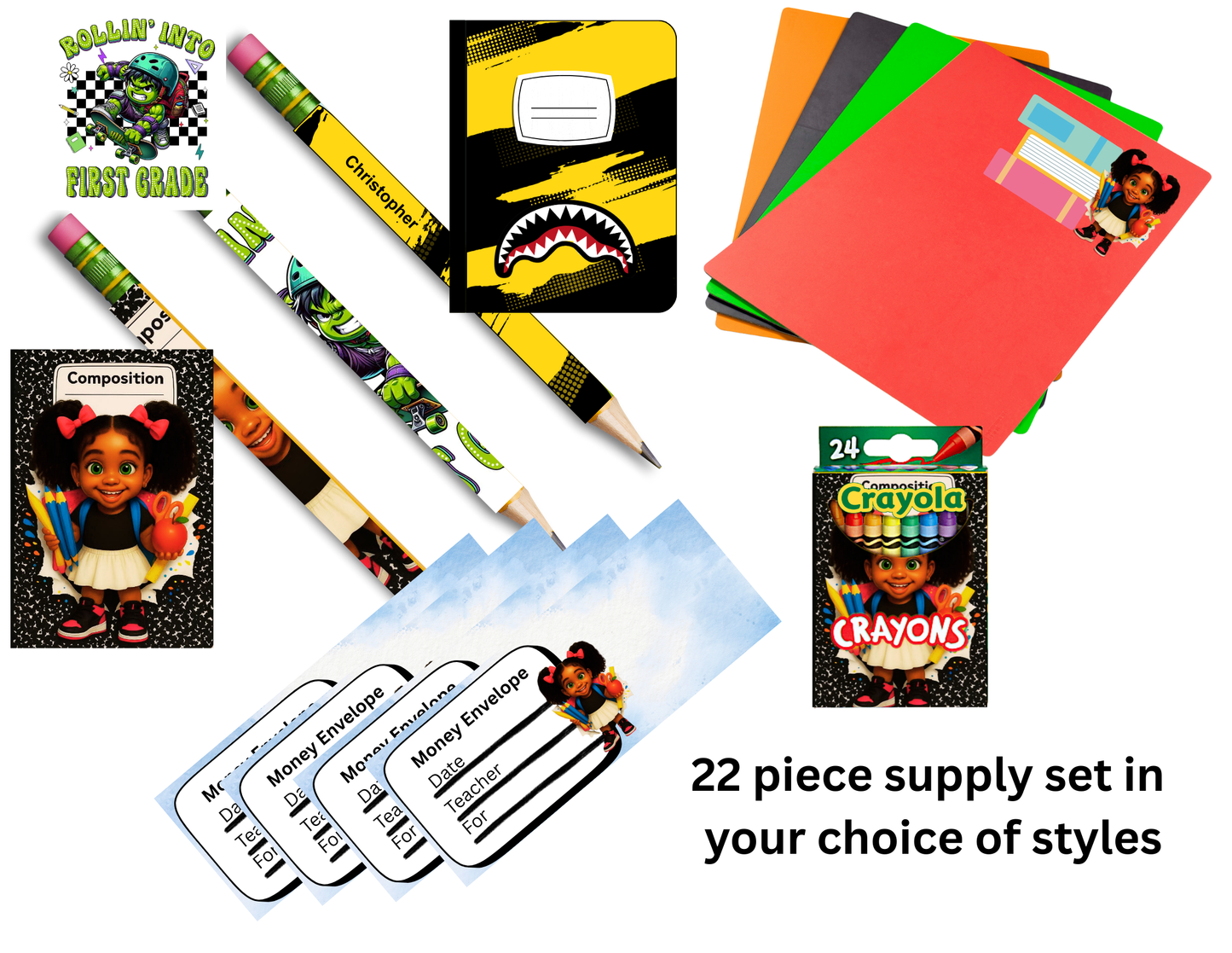 A packaged set of school supplies including pencils, notebooks, folders , money envelopes and crayons in coordinating designs on a white background.