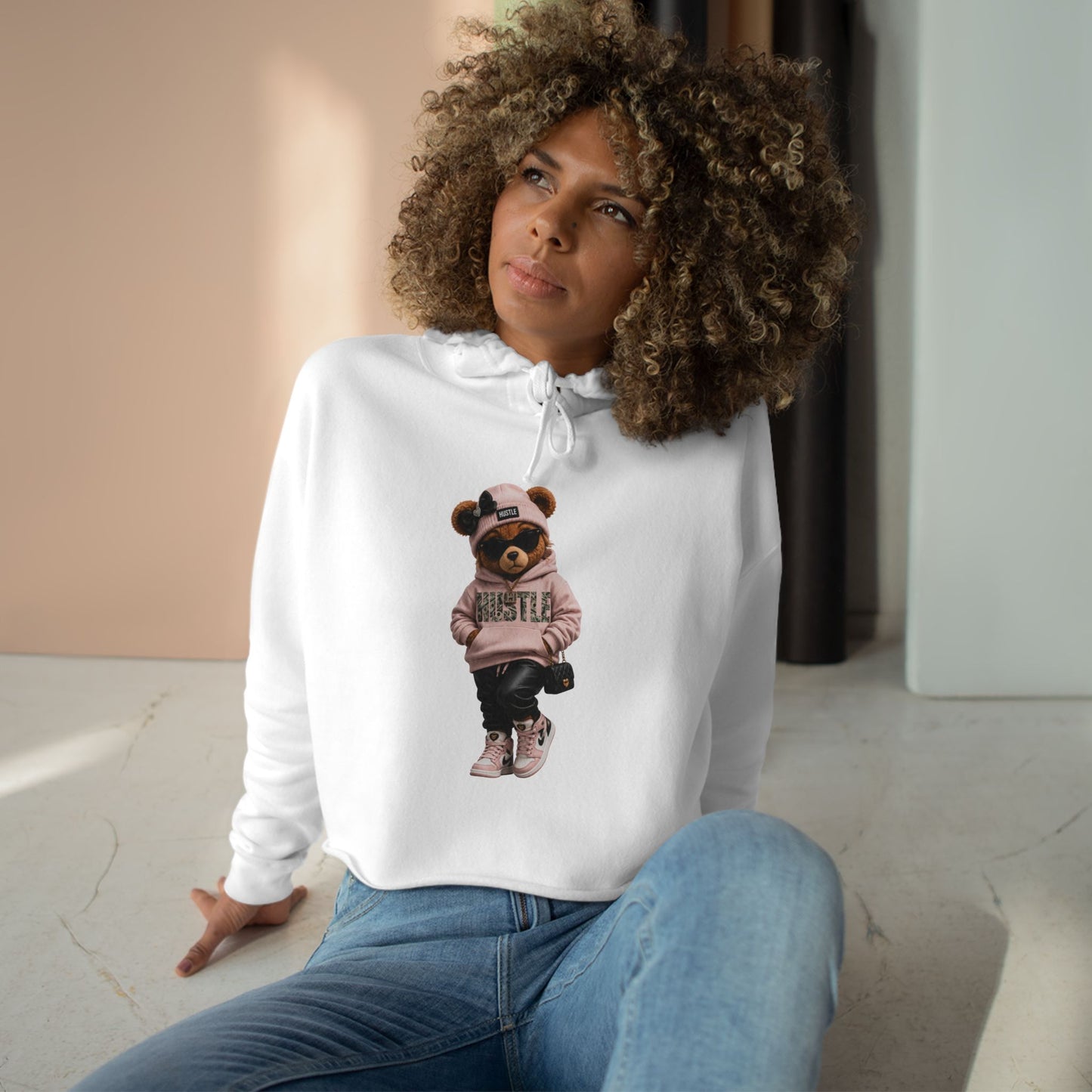 Cute Teddy Bear Crop Hoodie — Streetwear Teddy Graphic Crop Pullover
