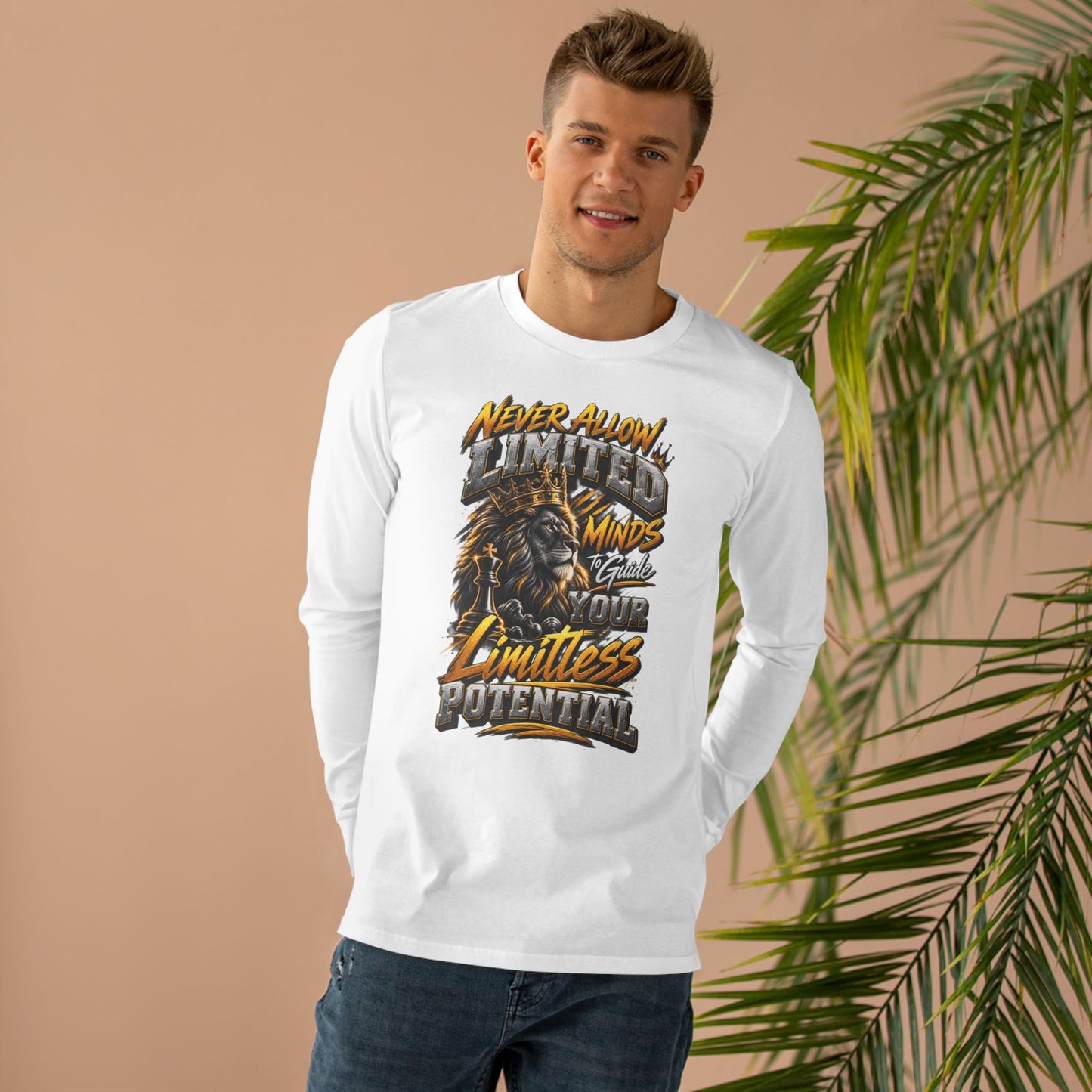 Men's Long Sleeve Tee - 'Never Allow Limited Minds to Guide Your Limitless Potential' Lion Graphic