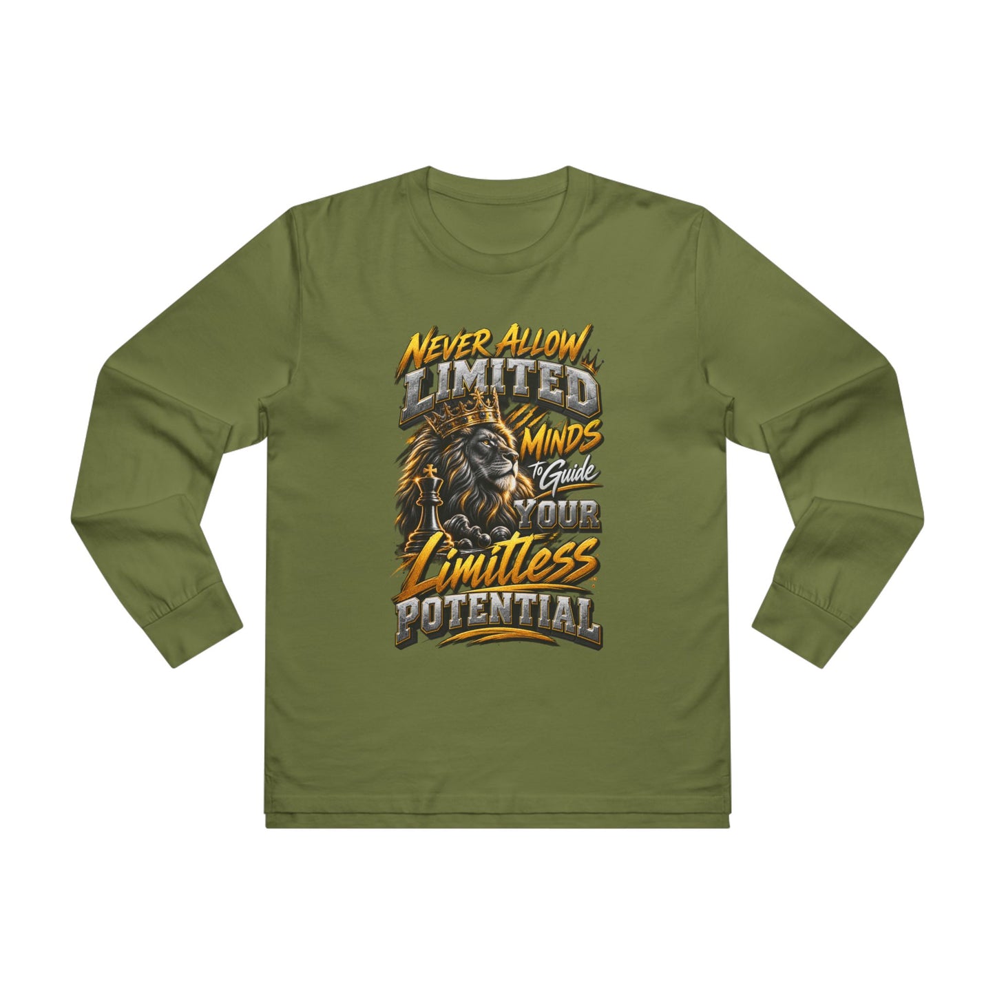 Men's Long Sleeve Tee - 'Never Allow Limited Minds to Guide Your Limitless Potential' Lion Graphic