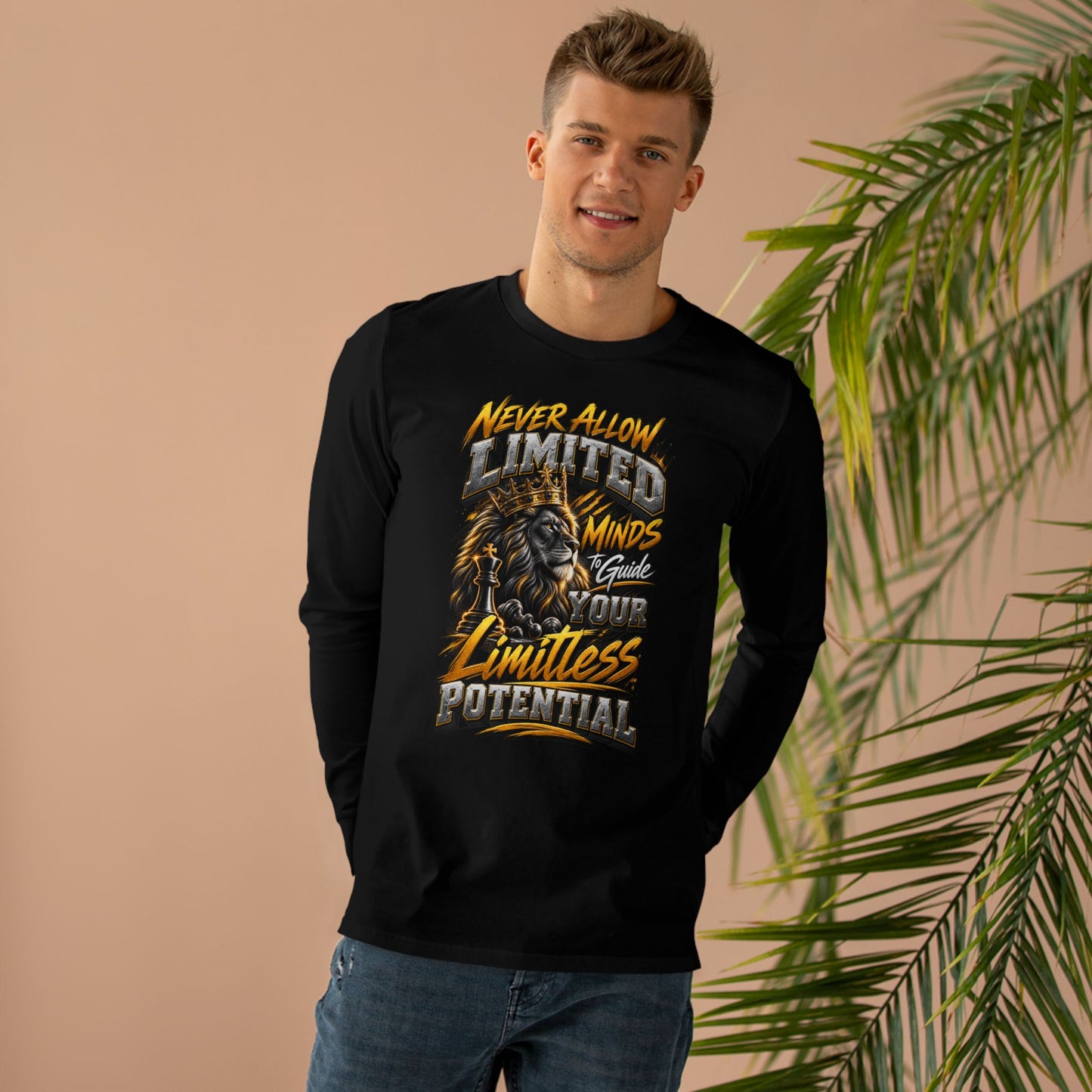 Men's Long Sleeve Tee - 'Never Allow Limited Minds to Guide Your Limitless Potential' Lion Graphic