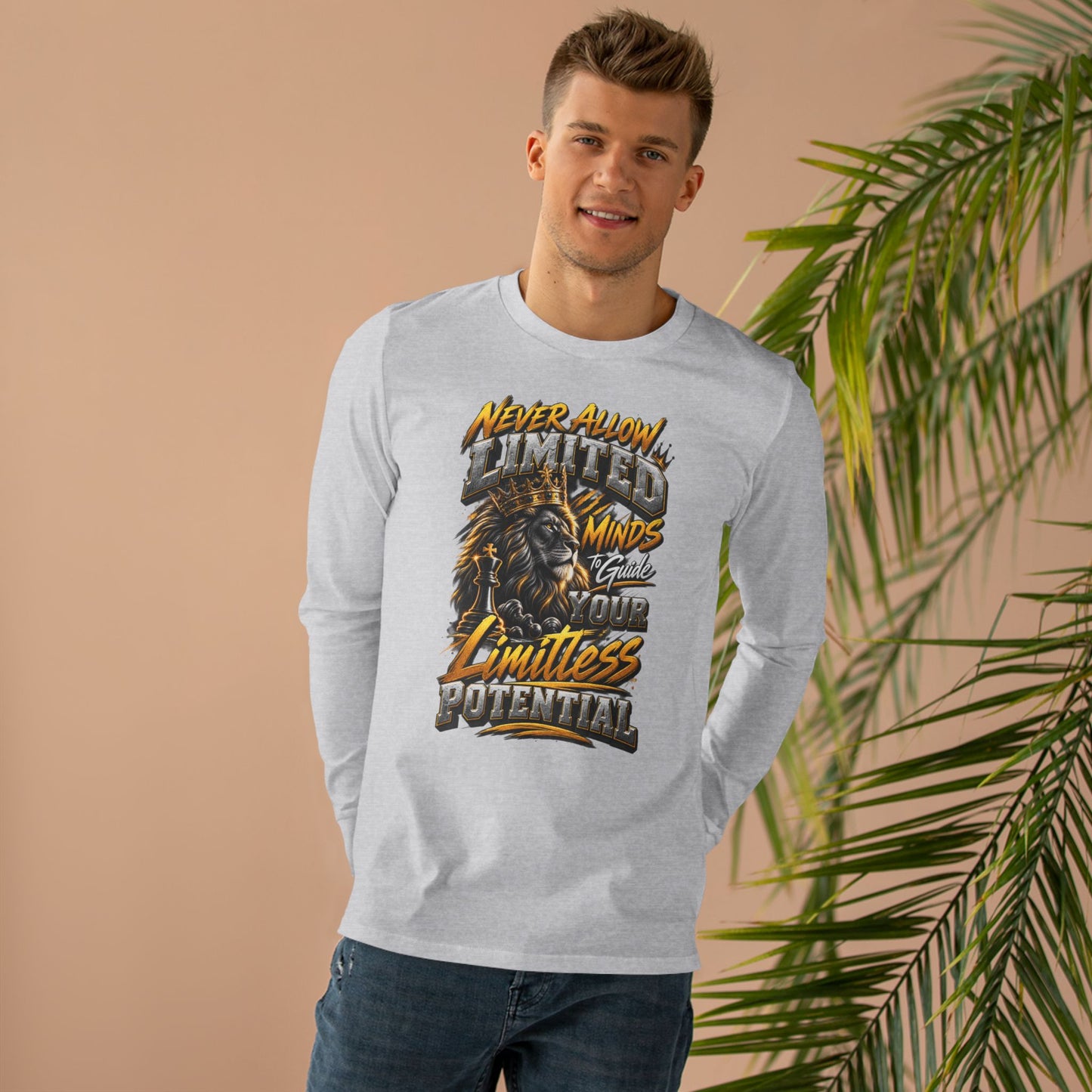 Men's Long Sleeve Tee - 'Never Allow Limited Minds to Guide Your Limitless Potential' Lion Graphic