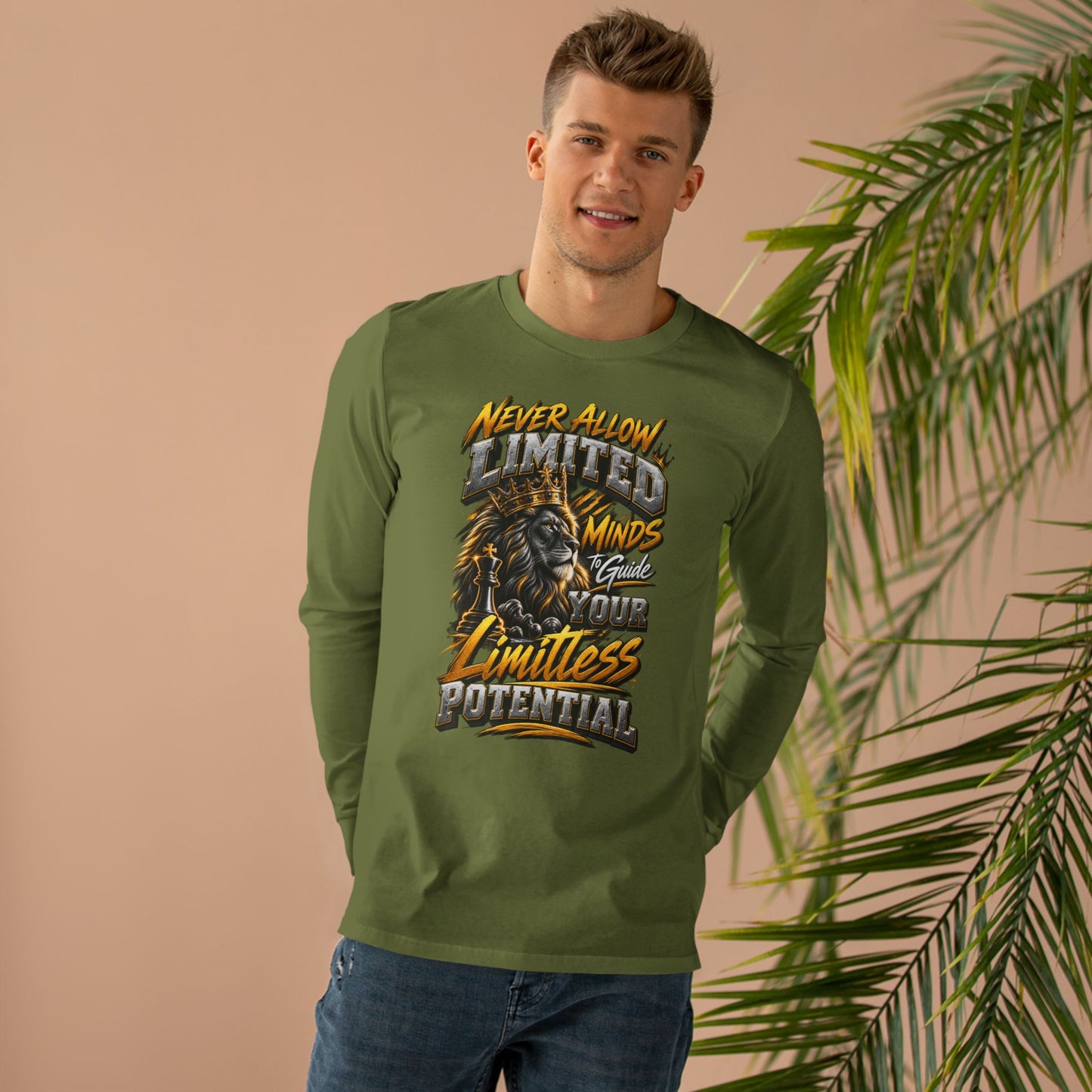 Men's Long Sleeve Tee - 'Never Allow Limited Minds to Guide Your Limitless Potential' Lion Graphic