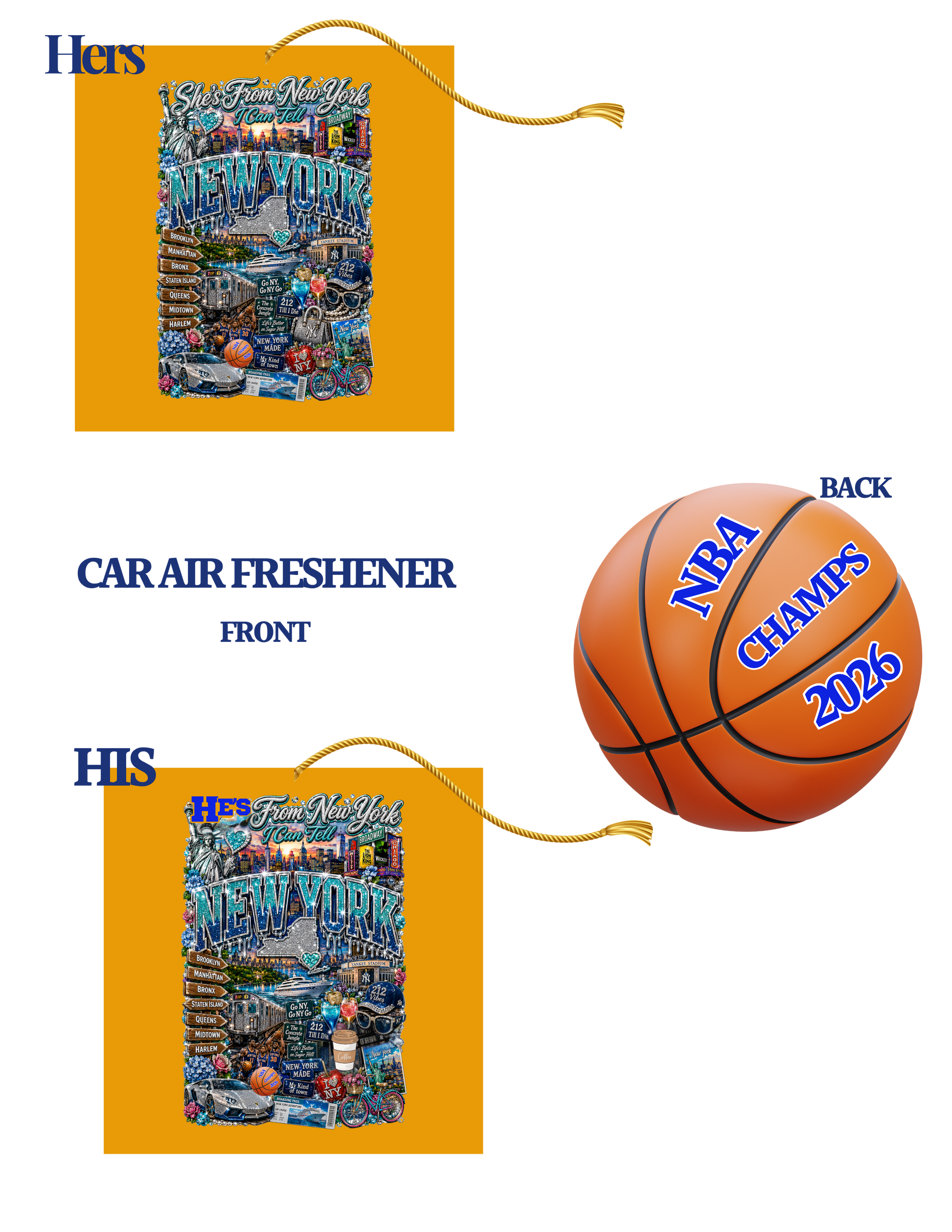 Car air freshener with New York Cityscape and basketball with 'NBA Champs 2026' text.