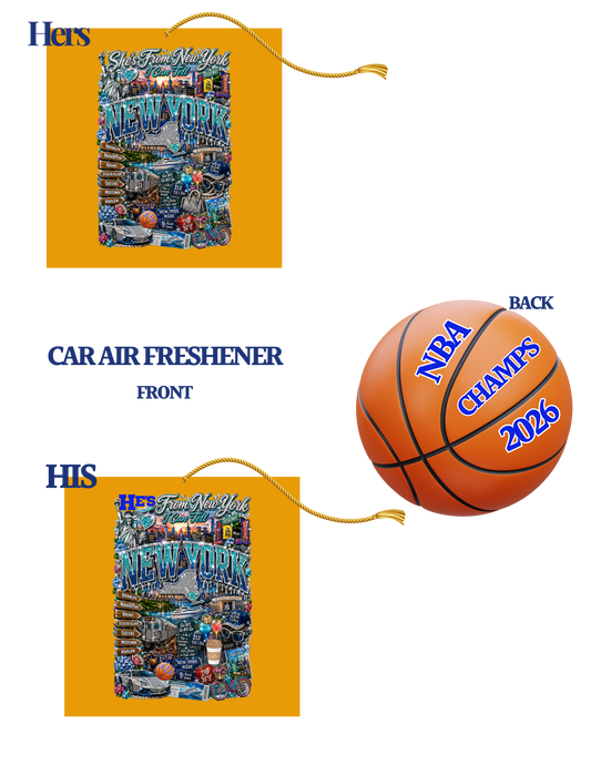 Car air freshener with New York Cityscape and basketball with 'NBA Champs 2026' text.