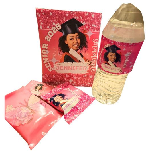 Party Favor Sample includes chip bag, water bottle, candy bar, candy bar mini and cookie pack.