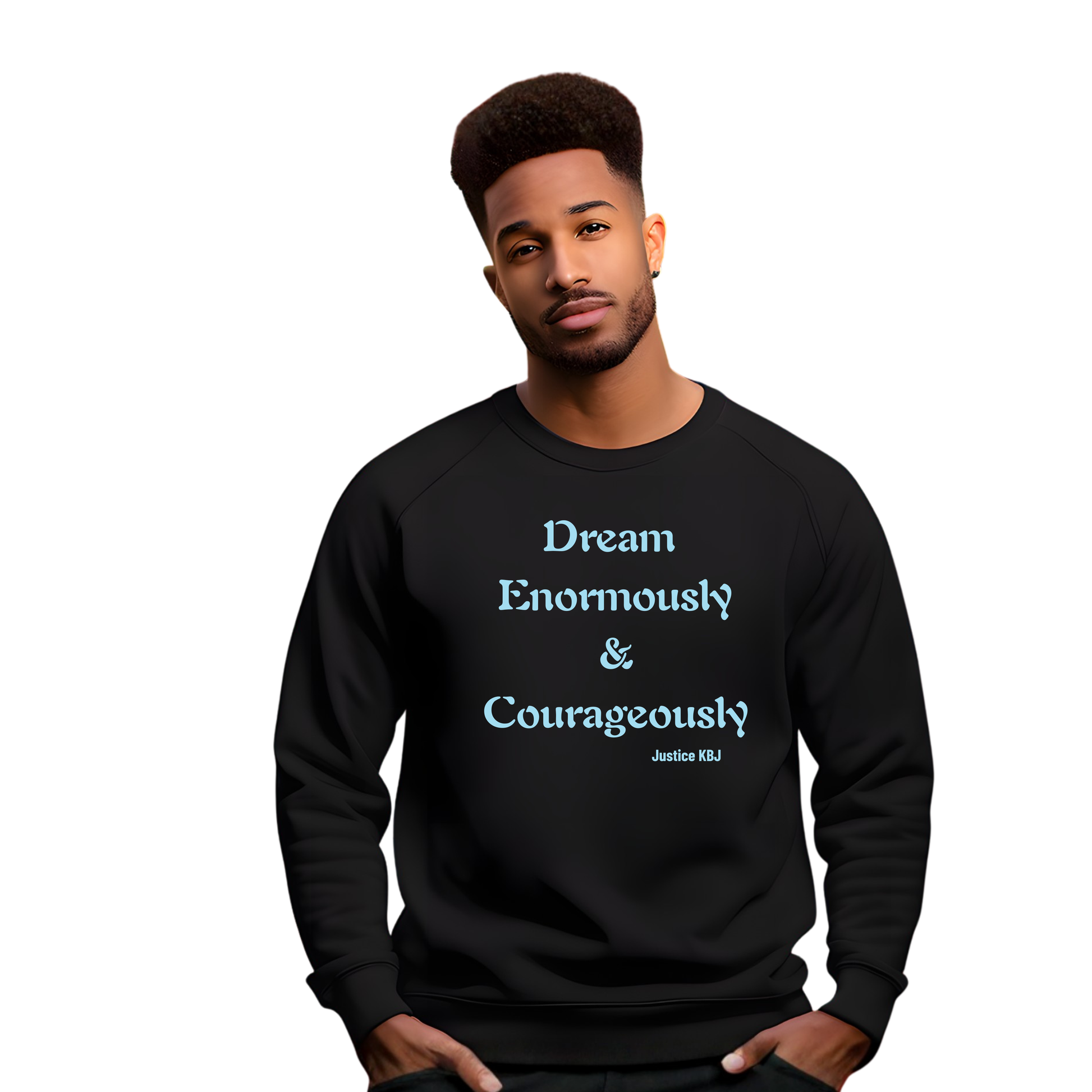 Man wearing a black sweatshirt with motivational text on a white background