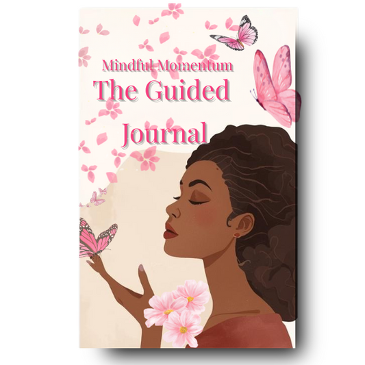 A guided journal with a background of butterflies on a beige background, including a woman holding a butterfly.