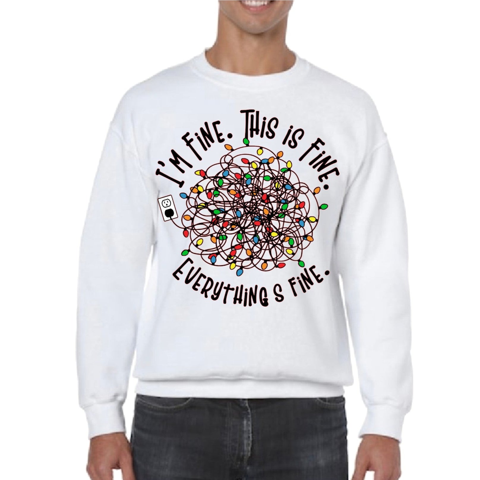 White Seat Shirt with tangled holiday lights and says I'm Fine. This is Fine. Everything is Fine.