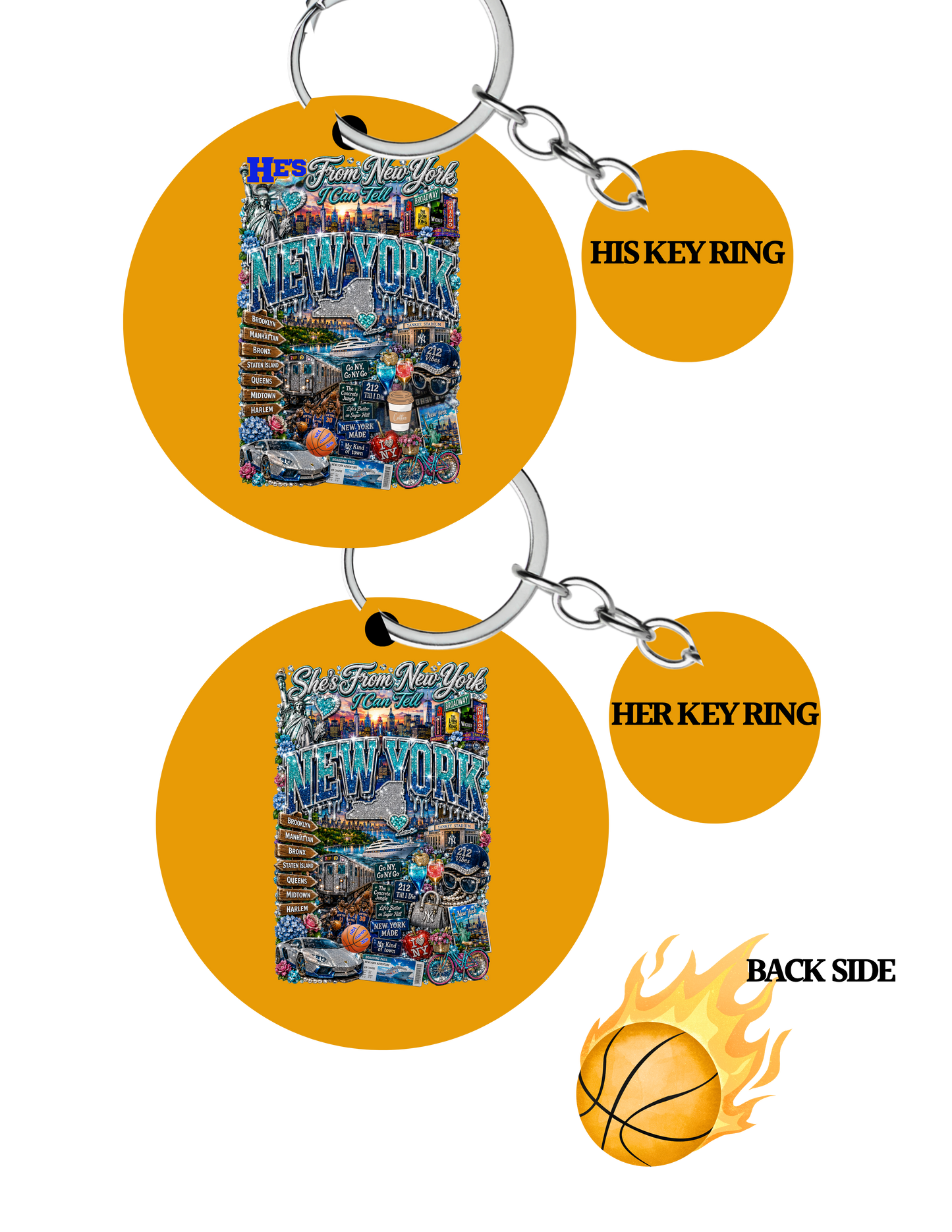 Two keychains with New York City-themed designs and a basketball icon on a white background.