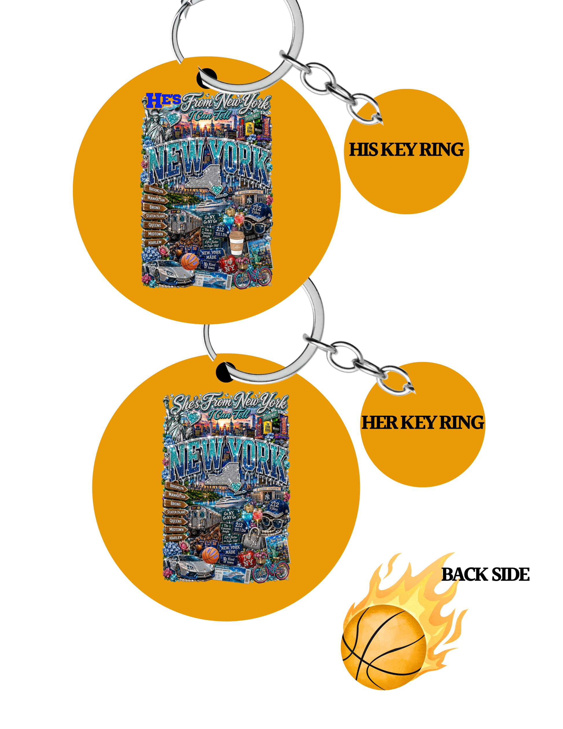 Two keychains with New York City-themed designs and a basketball icon on a white background.