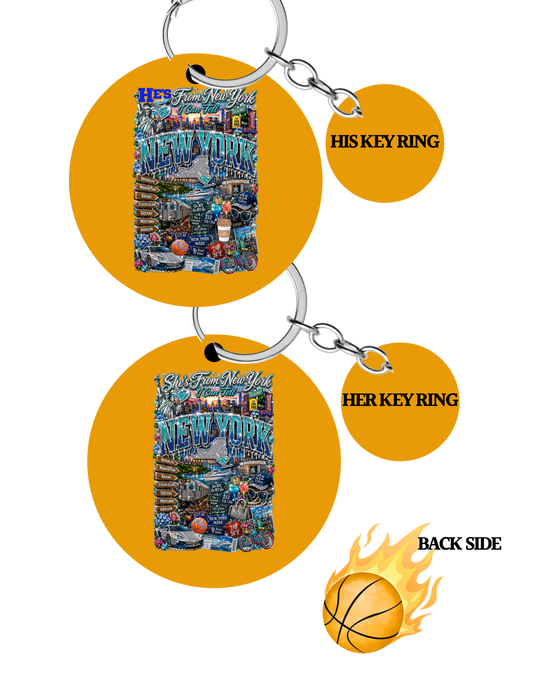 Two keychains with New York City-themed designs and a basketball icon on a white background.