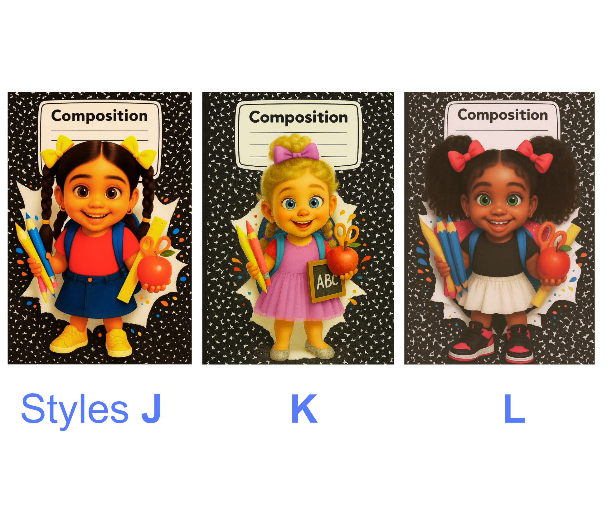 Three school-themed female dolls with backpacks and supplies on a black and white composition background, labeled 'Styles J', 'K', and 'L'.