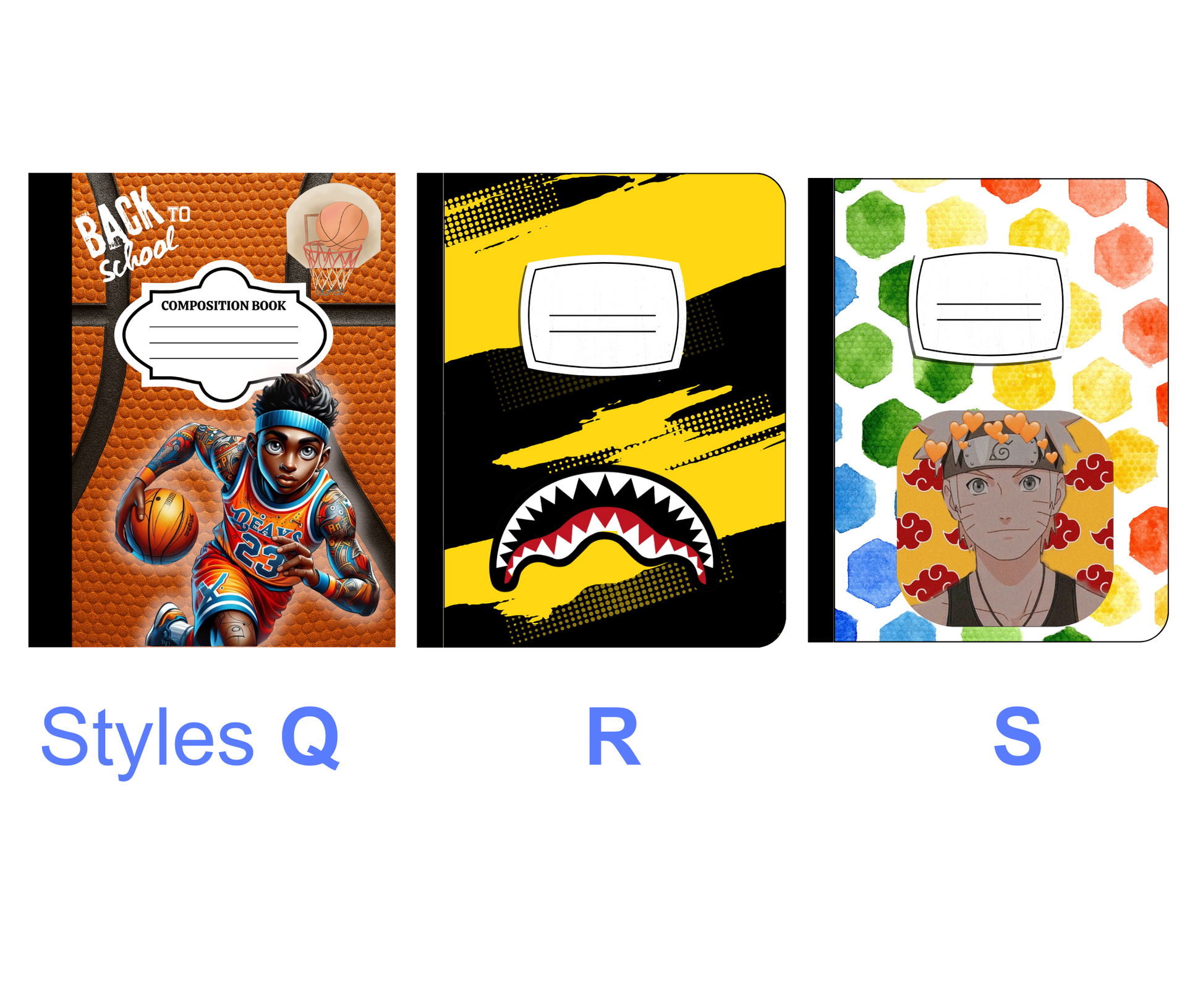 Three notebooks with different designs labeled 'Q', 'R', and 'S' on colorful coordinating backgrounds.