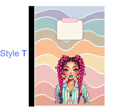 Notebook with a colorful design featuring a person with pink hair and a striped shirt, on a coordinating background.
