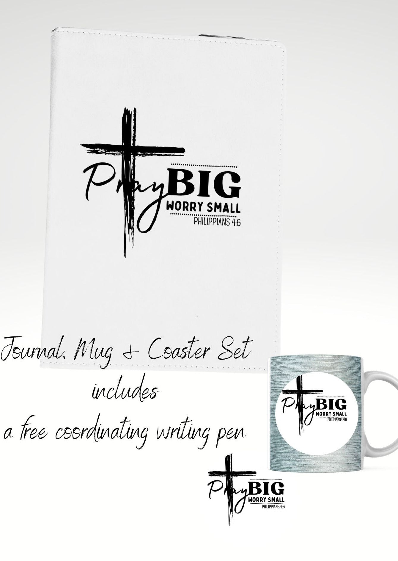 A journal of 100 lined pages with a matching mug and coaster.