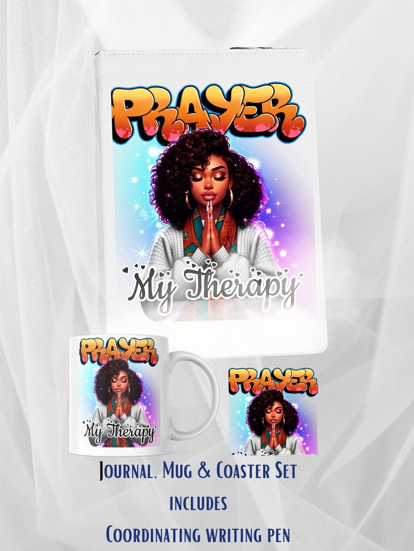 A journal of 100 lined pages includes a matching mug and coaster