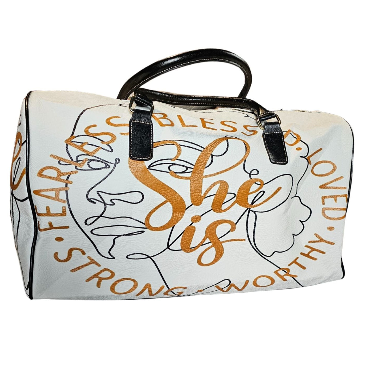Roomy, large, sturdy travel bag designed in neutral colors for her. Includes shoulder strap.