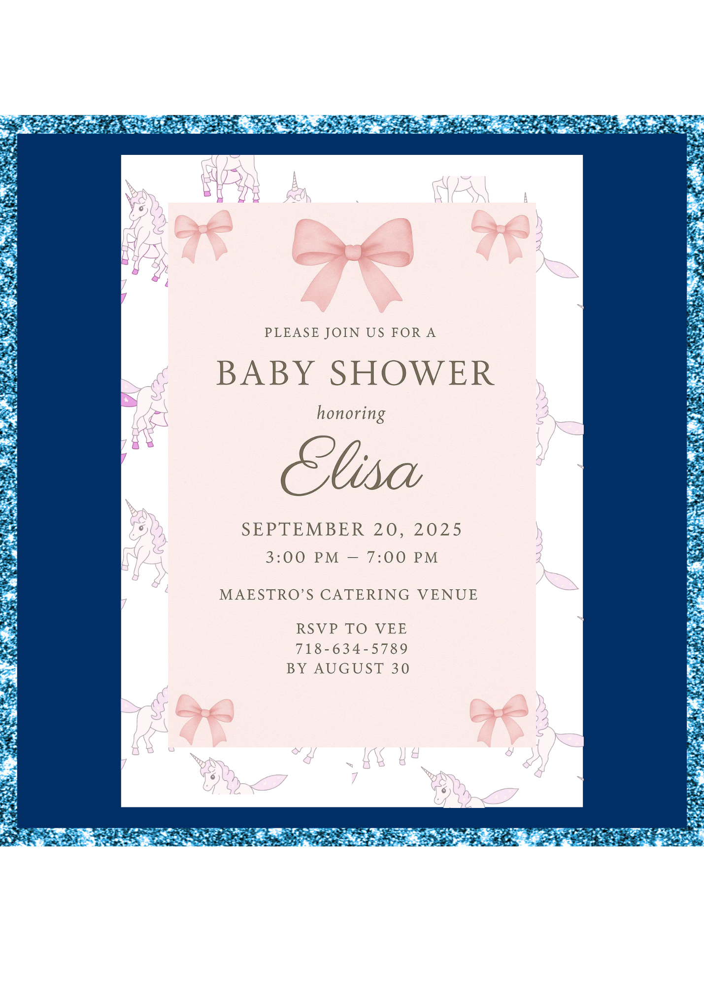 Pink unicorn themed baby shower invitation includes pink printed bows on a flat card.