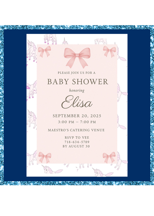 Pink unicorn themed baby shower invitation includes pink printed bows on a flat card.