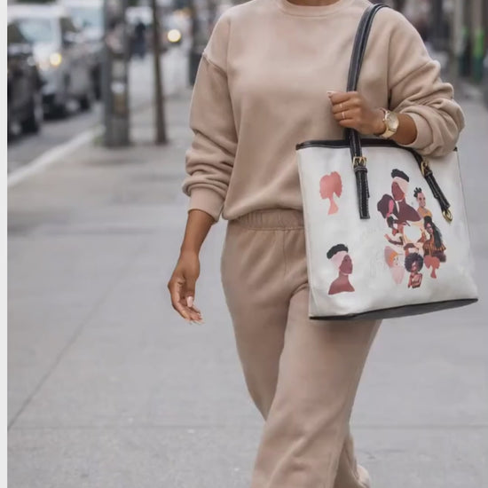 Roomy, zippered tote bag highligting the varied shades of melanin.