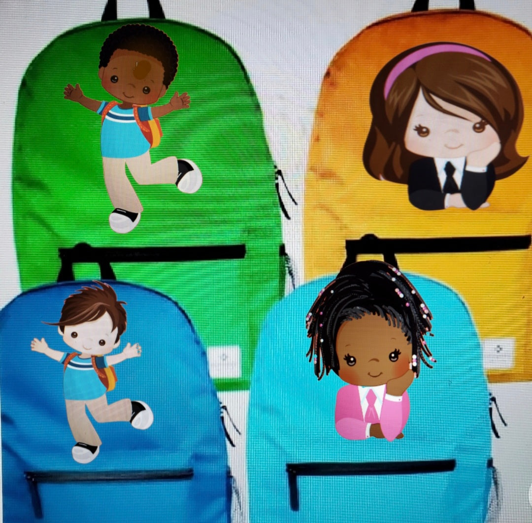 We did not forget the littles. These mages are sure to delight them as they venture off to school for the first time. There are many other images to choose from.  The bag colors available are those shown.