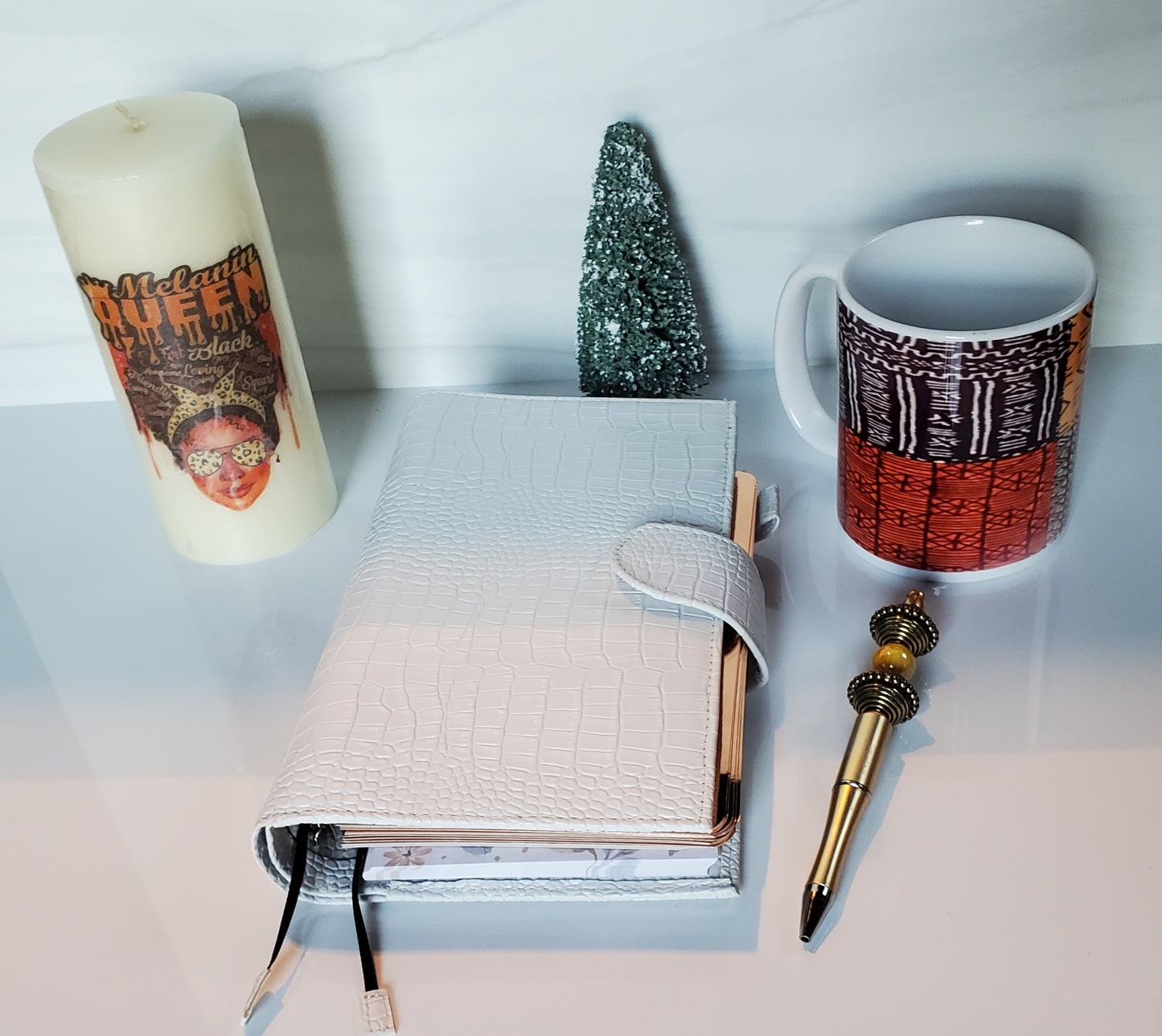 Planner Gift Set includes 2023 Annual Planner, coordinating candle, mug and writing pen.