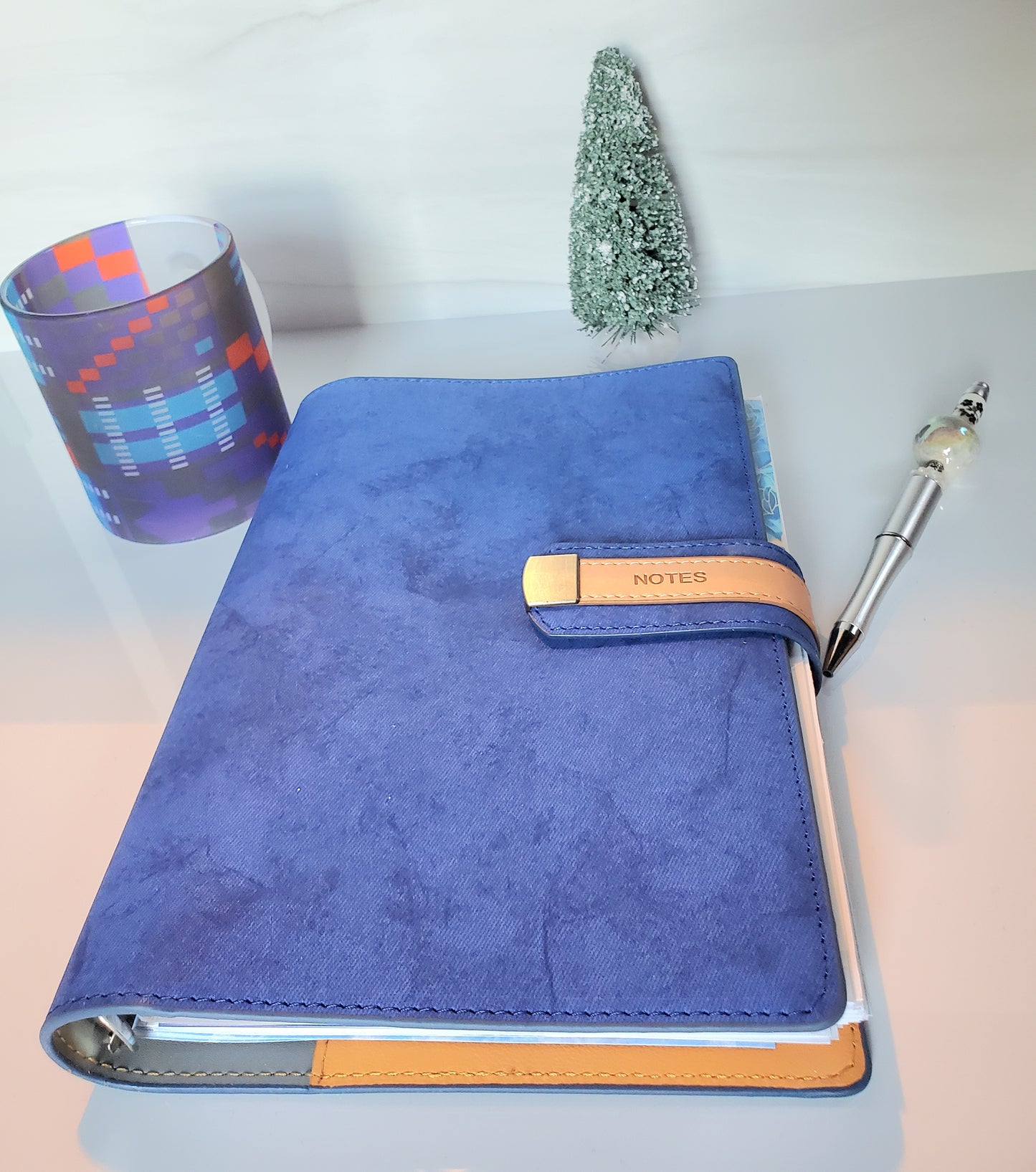 Suede Feel Blue Cover 2023 annual planner, includes mug and writing pen.
